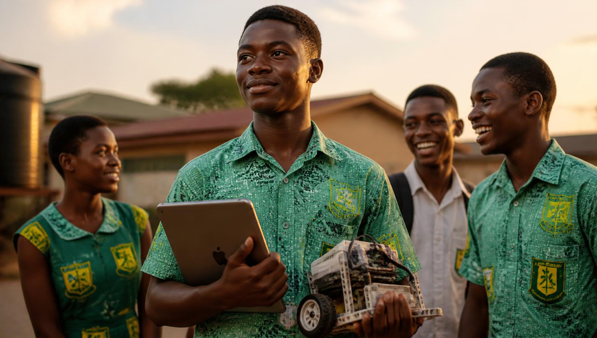 Ghanaian secondary school students holding a tablet and a robotics kit at golden hour