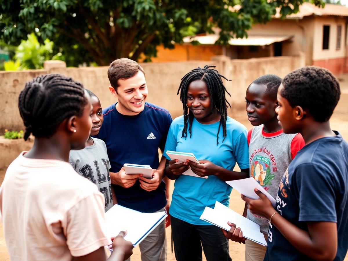 A mentor talking with a small group of young people holding notebooks